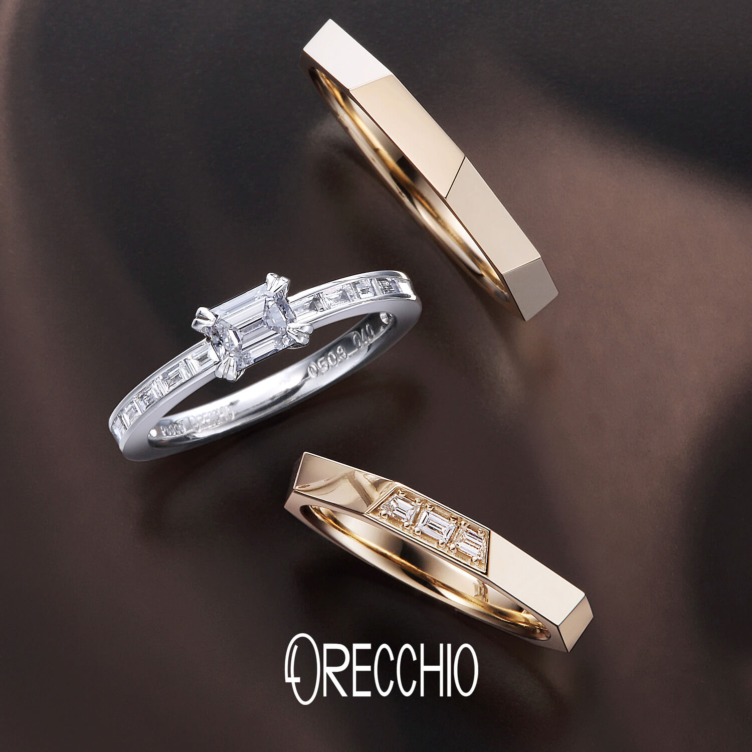 ORECCHIOオレッキオの婚約指輪amanアマンAE-1303と結婚指輪safariサファリFM-2229とFM-2227